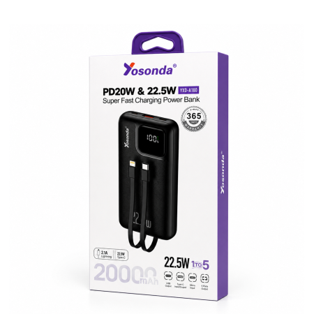 باوربانك 20000mAh yosonda Fast Charge PD + USB مع كوابل