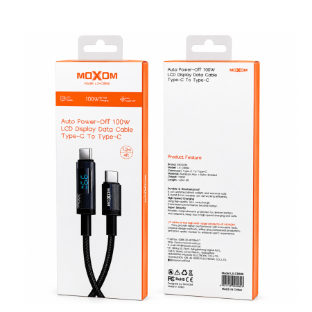 كيبل مع شاشة و فصل تلقائي Type C To Type C MOXOM Auto Power Off 100W 1.2m