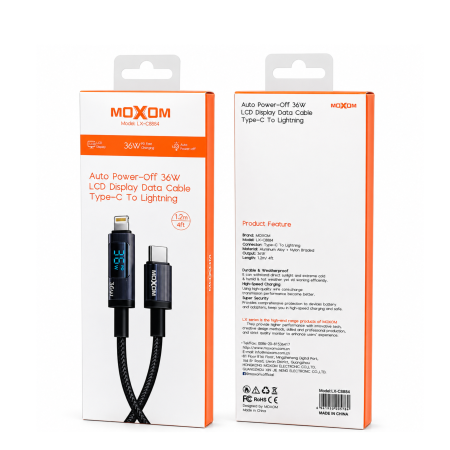 كيبل مع شاشة و فصل تلقائي ايفون Type C To Lightning MOXOM Auto Power Off 36W 1.2m
