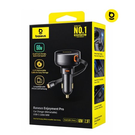 شاحن سيارة مع كيبل قابل للسحب baseus Enjoyment Pro 60W